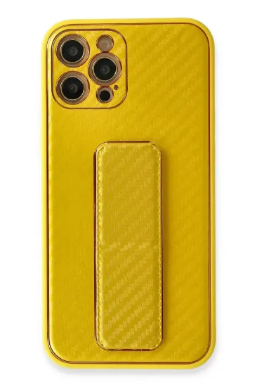 Newface iPhone 12 Pro Kılıf Coco Karbon Standlı Kapak - Sarı resmi