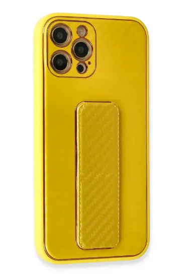 Newface iPhone 12 Pro Kılıf Coco Karbon Standlı Kapak - Sarı resmi