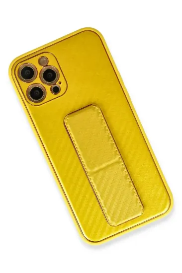 Newface iPhone 12 Pro Kılıf Coco Karbon Standlı Kapak - Sarı resmi