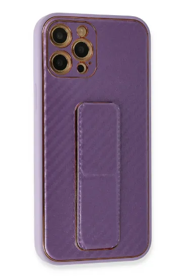 Newface iPhone 12 Pro Kılıf Coco Karbon Standlı Kapak - Mor resmi