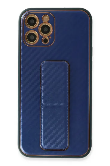 Newface iPhone 12 Pro Kılıf Coco Karbon Standlı Kapak - Mavi resmi