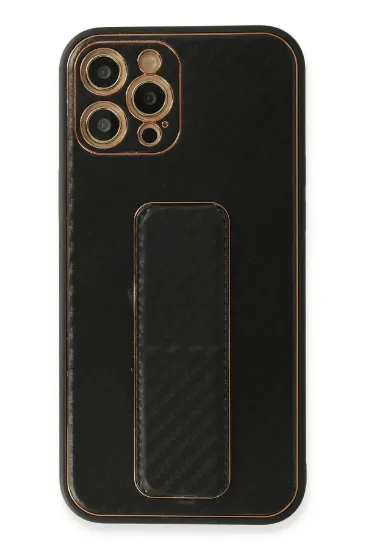 Newface iPhone 12 Pro Max Kılıf Coco Karbon Standlı Kapak - Siyah resmi