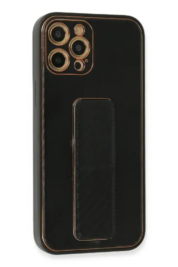 Newface iPhone 12 Pro Max Kılıf Coco Karbon Standlı Kapak - Siyah resmi