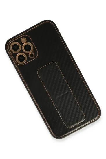 Newface iPhone 12 Pro Max Kılıf Coco Karbon Standlı Kapak - Siyah resmi