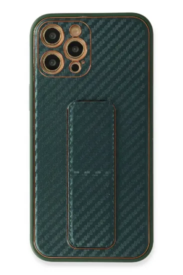 Newface iPhone 12 Pro Max Kılıf Coco Karbon Standlı Kapak - Yeşil resmi