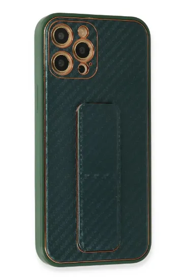 Newface iPhone 12 Pro Max Kılıf Coco Karbon Standlı Kapak - Yeşil resmi