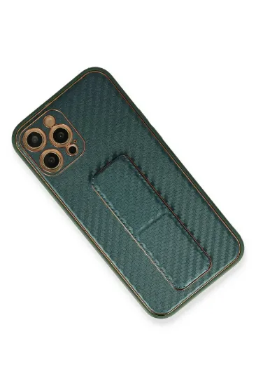 Newface iPhone 12 Pro Max Kılıf Coco Karbon Standlı Kapak - Yeşil resmi