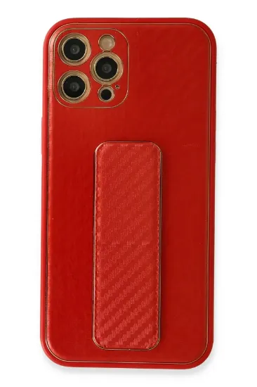 Newface iPhone 12 Pro Max Kılıf Coco Karbon Standlı Kapak - Kırmızı resmi