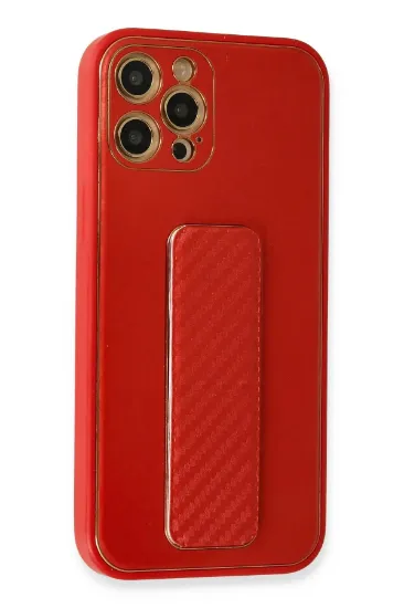 Newface iPhone 12 Pro Max Kılıf Coco Karbon Standlı Kapak - Kırmızı resmi
