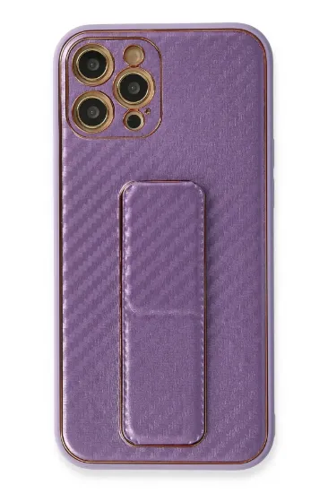 Newface iPhone 12 Pro Max Kılıf Coco Karbon Standlı Kapak - Mor resmi