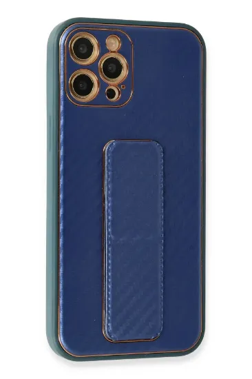 Newface iPhone 12 Pro Max Kılıf Coco Karbon Standlı Kapak - Mavi resmi