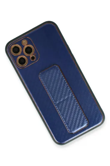 Newface iPhone 12 Pro Max Kılıf Coco Karbon Standlı Kapak - Mavi resmi