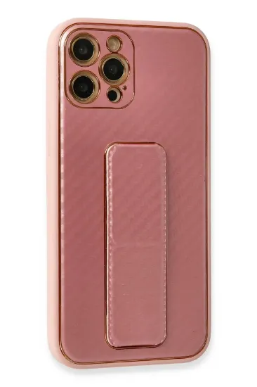 Newface iPhone 12 Pro Max Kılıf Coco Karbon Standlı Kapak - Pembe resmi