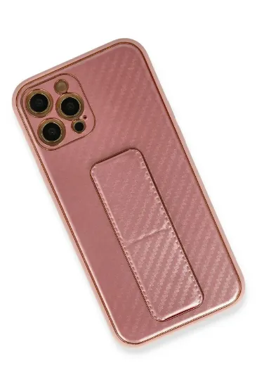 Newface iPhone 12 Pro Max Kılıf Coco Karbon Standlı Kapak - Pembe resmi