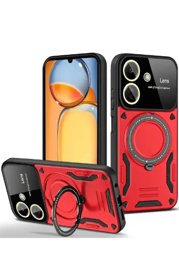 Newface Xiaomi Redmi 13C Kılıf Joy Lens Standlı Kapak - Kırmızı resmi