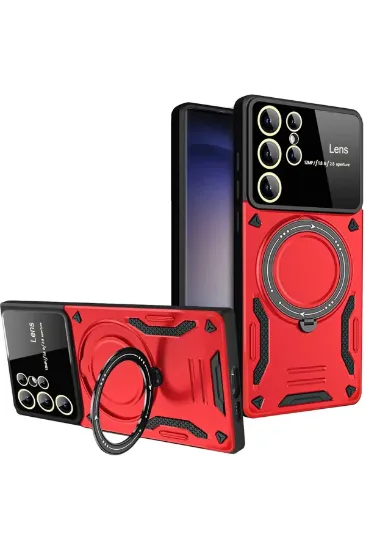 Newface Samsung Galaxy S25 Ultra Kılıf Joy Lens Standlı Kapak - Kırmızı resmi