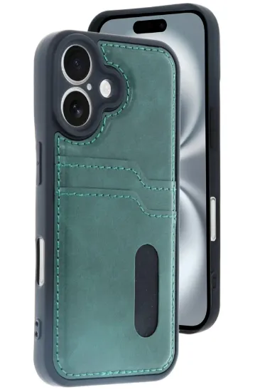 Newface iPhone 16 Kılıf Sara Kartvizitli Deri Kılıf - Koyu Yeşil resmi