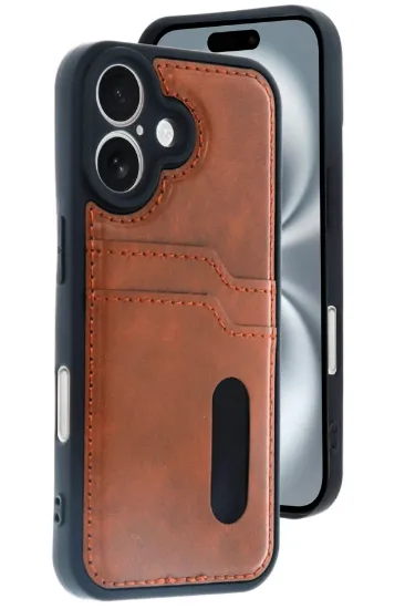 Newface iPhone 16 Kılıf Sara Kartvizitli Deri Kılıf - Taba resmi