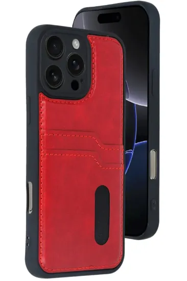 Newface iPhone 16 Pro Max Kılıf Sara Kartvizitli Deri Kılıf - Kırmızı resmi