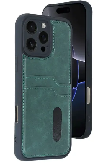 Newface iPhone 16 Pro Max Kılıf Sara Kartvizitli Deri Kılıf - Koyu Yeşil resmi