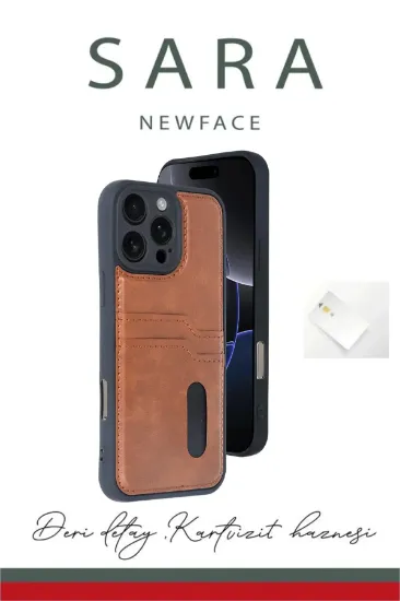 Newface iPhone 16 Pro Max Kılıf Sara Kartvizitli Deri Kılıf - Taba resmi