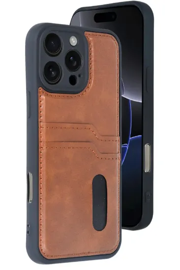 Newface iPhone 16 Pro Max Kılıf Sara Kartvizitli Deri Kılıf - Taba resmi