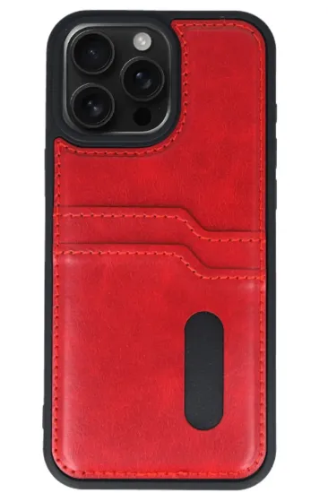 Newface iPhone 15 Pro Max Kılıf Sara Kartvizitli Deri Kılıf - Kırmızı resmi