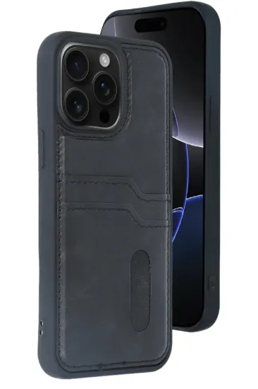 Newface iPhone 14 Pro Max Kılıf Sara Kartvizitli Deri Kılıf - Siyah resmi