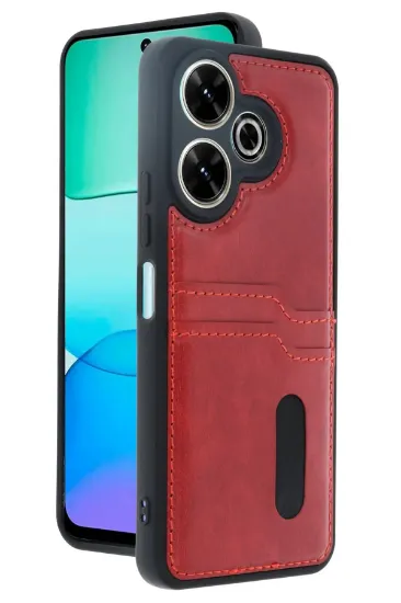 Newface Xiaomi Redmi 13 4G Kılıf Sara Kartvizitli Deri Kılıf - Kırmızı resmi