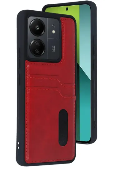 Newface Xiaomi Redmi 13C Kılıf Sara Kartvizitli Deri Kılıf - Kırmızı resmi