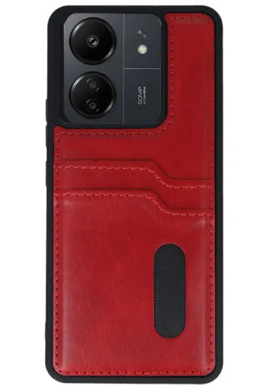 Newface Xiaomi Redmi 13C Kılıf Sara Kartvizitli Deri Kılıf - Kırmızı resmi