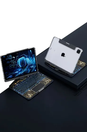 Newface JP11 iPad Pro 11 (2022) Kılıf Vales Dönen Ledli Klavyeli Tablet Kılıfı - Siyah resmi
