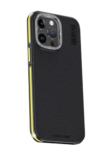 Joko iPhone 15 Pro Kılıf Aramid 600D Kevlar Karbon Fiber Magsafe Kapak - Sarı resmi