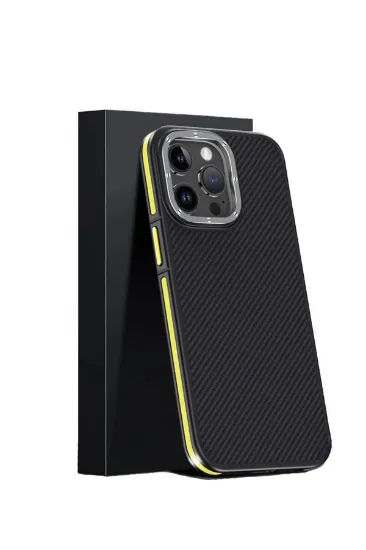 Joko iPhone 15 Pro Kılıf Aramid 600D Kevlar Karbon Fiber Magsafe Kapak - Sarı resmi