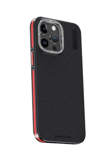 Joko iPhone 15 Pro Max Kılıf Aramid 600D Kevlar Karbon Fiber Magsafe Kapak - Kırmızı resmi