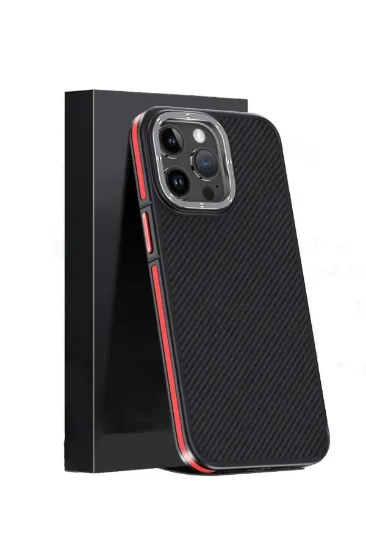 Joko iPhone 15 Pro Max Kılıf Aramid 600D Kevlar Karbon Fiber Magsafe Kapak - Kırmızı resmi