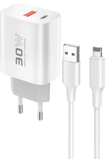 Konfulon C89Q 1 Adet 30W Type-C ve 1 Adet 22.5W USB Çıkışlı Ekstra DL48 1M USB to Lightning Kablolu PD Şarj Cihazı - Beyaz resmi