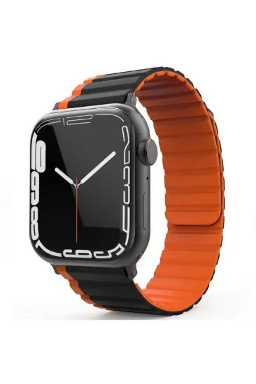 Movenchy Apple Watch 42mm MO-WB1 Çift Renk Mıknatıslı Silikon Kordon - Siyah-Turuncu resmi