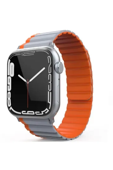 Movenchy Apple Watch 42mm MO-WB1 Çift Renk Mıknatıslı Silikon Kordon - Gri-Turuncu resmi