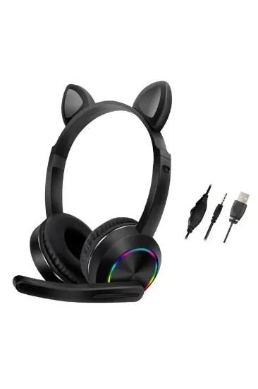 Karler Bass AKZ020 Kafa Üstü Işıklı Kedi Kulaklık - Siyah resmi
