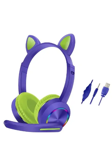 Karler Bass AKZ020 Kafa Üstü Işıklı Kedi Kulaklık - Mor resmi