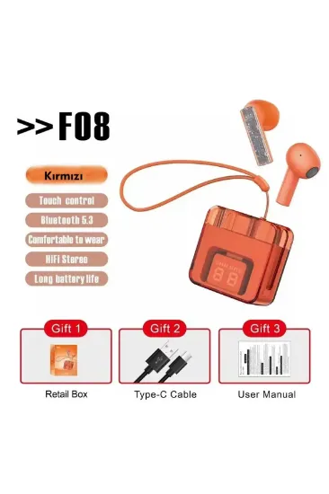 Karler Bass F08 Dijital Şarj Göstergeli TWS Bluetooth Kulaklık - Kırmızı resmi