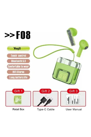 Karler Bass F08 Dijital Şarj Göstergeli TWS Bluetooth Kulaklık - Yeşil resmi