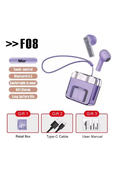 Karler Bass F08 Dijital Şarj Göstergeli TWS Bluetooth Kulaklık - Mor resmi