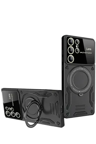 Newface Samsung Galaxy S24 Ultra Kılıf Joy Lens Standlı Kapak - Siyah resmi