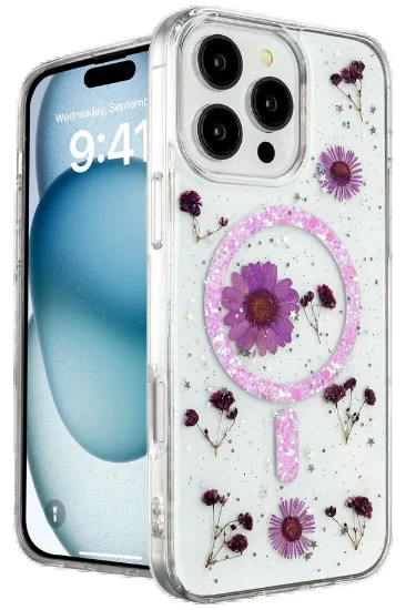 Newface iPhone 16 Pro Max Kılıf Daisy Simli Magsafe Kapak - Mor resmi