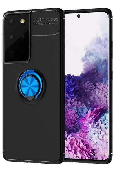 Newface Samsung Galaxy S21 Ultra Kılıf Range Yüzüklü Silikon - Siyah-Mavi resmi