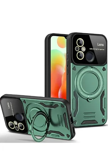 Newface Xiaomi Redmi 12C Kılıf Joy Lens Standlı Kapak - Koyu Yeşil resmi