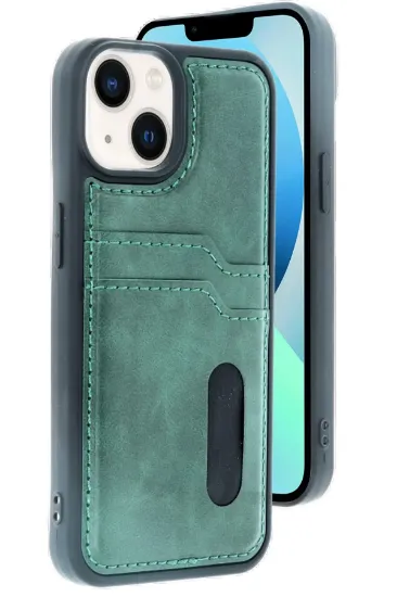 Newface iPhone 14 Kılıf Sara Kartvizitli Deri Kılıf - Koyu Yeşil resmi