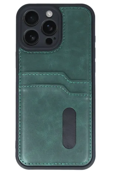 Newface iPhone 16 Pro Kılıf Sara Kartvizitli Deri Kılıf - Koyu Yeşil resmi